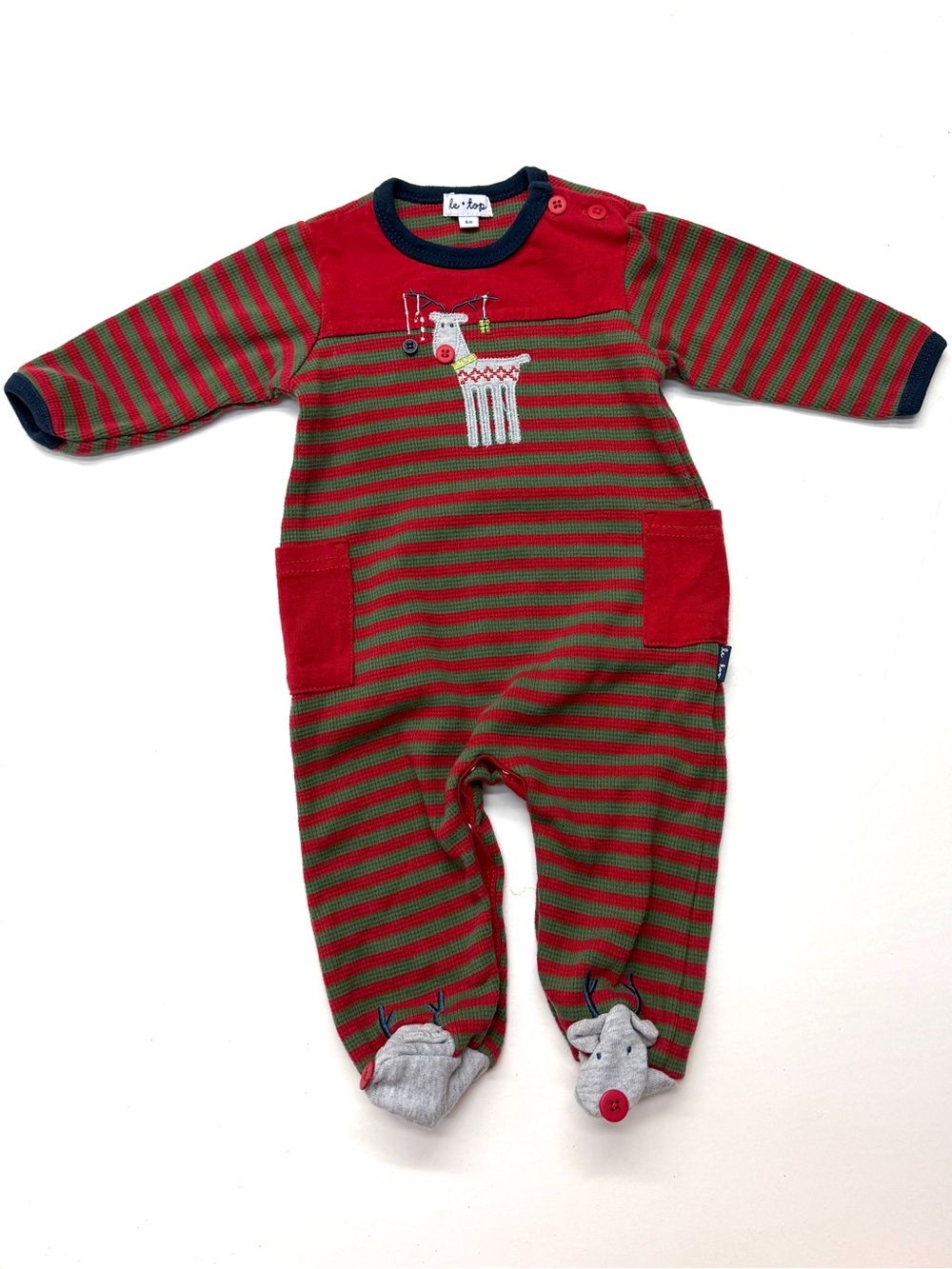 Le Top Christmas Red Green Baby One-Piece Reindeer Footie Waffle Knit